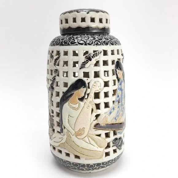 Vintage Dona Ceramics Pottery Open Work Lantern Urn Jar West Vietnam Authentic‎